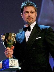 a stunned Brad Pitt picked up his best actor trophy that he was awarded for last year’s The Assassination of Jesse James by the Coward Robert Ford