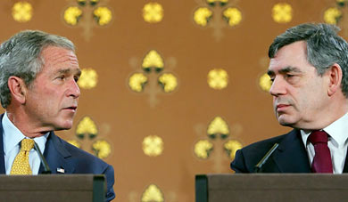 U.S. President George W. Bush at press conference with British Prime Minister Gordon Brown at the Foreign and Commonwealth Office in London on Monday