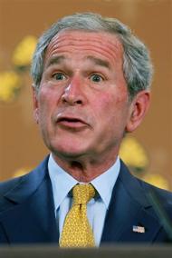 U.S. President George W. Bush addresses a press conference at the Foreign and Commonwealth Office in London