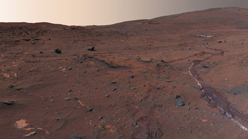 Martian skies seen above a rolling horizon in this image, part of a larger image called the ‘McMurdo’ panorama