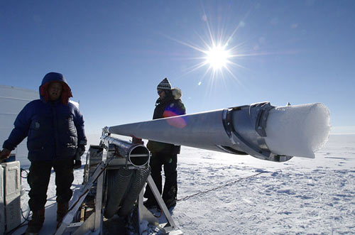 researchers collect ice samples using this drill