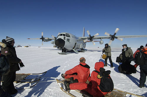 scientists, journalists and Danish environmental officials land at NEEM, the North Greenland Eemian Ice Drilling project