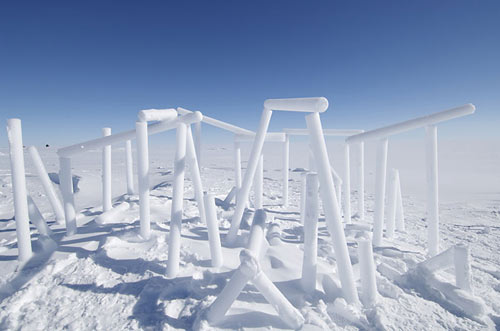 scientists at NEEM use spare core samples to construct ice sculptures like this one