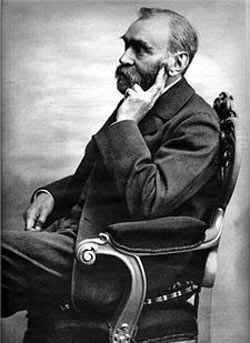 Alfred Bernhard Nobel (Stockholm, 21 Oct. 1833 - Sanremo, Italy, 10 Dec. 1896), a Swedish chemist, engineer, innovator, armaments manufacturer & the inventor of dynamite. He owned Bofors, a major armaments manufacturer