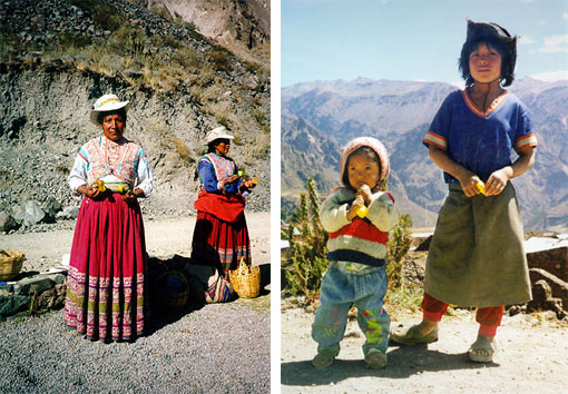 left: women selling prickly pears or cactus fruit; for 1/2 a sol you become the proud owner of a de-thorned and peeled pear; right: two children of Valle de Colca