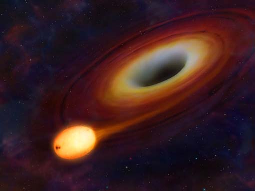 Artist's impression of the initial stages of a star being consumed by the central black hole of a distant galaxy. In the end the start disintegrated blasting jets of energy from the black hole, enabling scinetists to study and reconstruct the cosmic drama.