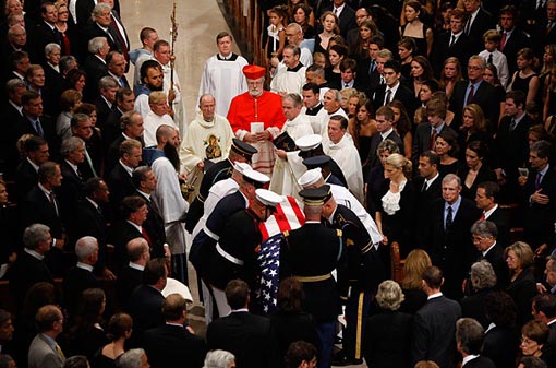 The Senator's casket is laid before the Basilica's clergy for a prayer. Cardinal McCarrick's reading of the private letters served a larger Church agenda. ‘At the funeral in Boston, you had the eulogy of the sitting President, which is impressive, but not really religious,’ said the Church official. ‘This way the Cardinal wanted to be sure the day ended as it should, in prayer.’ And so, the last word as Ted Kennedy was consigned to the earth would be from the Roman Catholic Church.