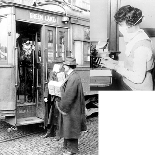 Left: Street car conductor in Seattle not allowing passengers aboard without a mask. 1918. Mass transit systems, with crowds of people in close quarters, were fertile venues for the spread of disease. In Seattle, public health officials required passengers and employees wear masks as a precautionary measure; Right: Typist wearing mask, New York City, October 16, 1918. The flu prevented day-to-day operations from going smoothly. Officials advised all persons to wear face masks, even indoors. Many believed that a person could contract the disease by handling documents and equipment.