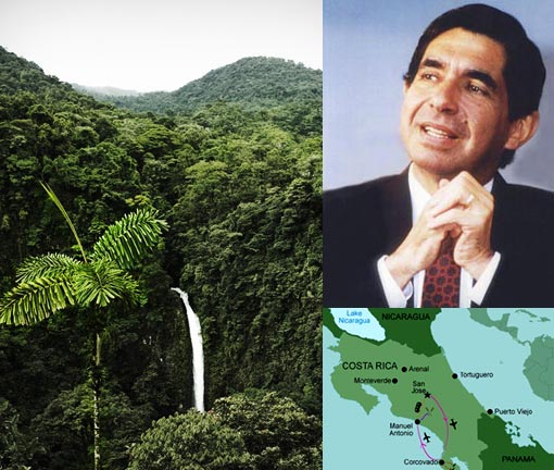 Left: La Fortuna Waterfalls & Rainforest, Costa Rica; Top right: Óscar Arias Sánchez in the 1980s