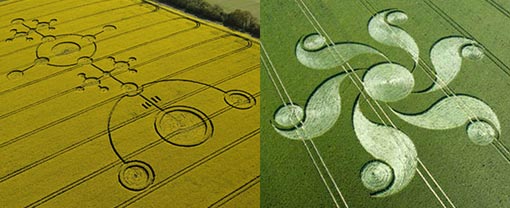 Left: A crop circle in a field of oilseed rape at Clatford, Wiltshire created on 4 May. Most crop circles are made by humans, primarily as hoaxes, but some believe that unexplained circles are the product of alien spacecraft or supernatural processes. Right: There is particular attention giving to the theory that relates music to the patterns of crop circles.