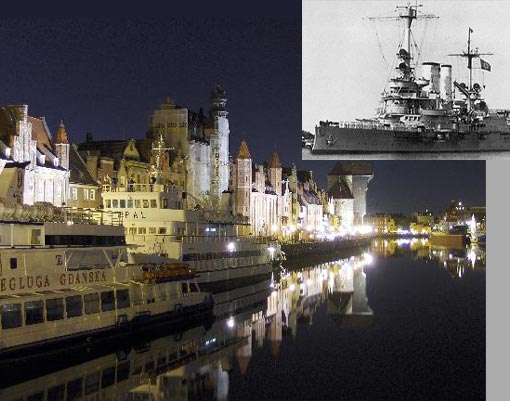 Gdansk at night. Inset: Battleship Schleswig Holstein at Danzig. Completed 1906, she was one of three inherited pre-dreadnought battleships to serve the Nazi cause.