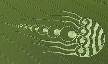 A jellyfish crop circle in Kingston Coombes, Oxfordshire. Google UK’s homepage today shows a ‘doodle’ of a flying saucer hovering over crop circles.