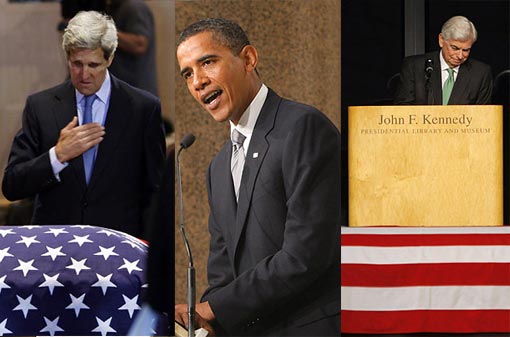 Left: Massachusetts Senator John Kerry, pays respects to Senator Kennedy. Middle: President Barack Obama speaks during Kennedy's funeral: a great legislator, 'a kind and tender hero'. ‘The greatest expectations were placed upon Ted Kennedy's shoulders because of who he was,’ observed President Barack Obama in his eulogy, ‘but he surpassed them all because of who he became.’ Right: Sen. Christopher Dodd pauses as he speaks at the wake in front of the casket of his close friend Sen. Kennedy.