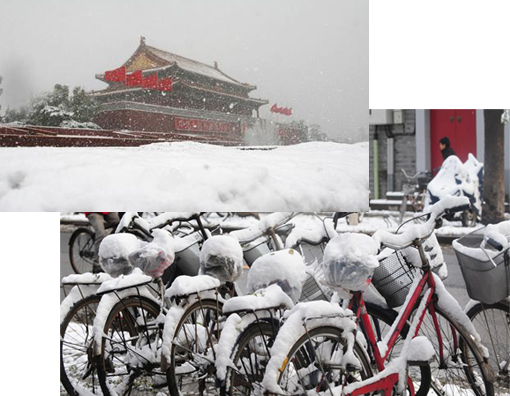 Top: A view shows the Tiananmen Rostrum in snow in Beijing early morning, November 1, 2009. Bottom: An artificially induced snow storm blanketed Beijing, shrouding China's capital in white. Earliest snow to hit Beijing in 22 years fell on November 1, the capital has again been shrouded in white, with more snow expected in the coming three days. The China Daily, citing an unnamed official, said the Beijing Weather Modification Office had artificially induced both storms by seeding clouds with chemicals, a practice that can increase precipitation by up to 20 per cent.