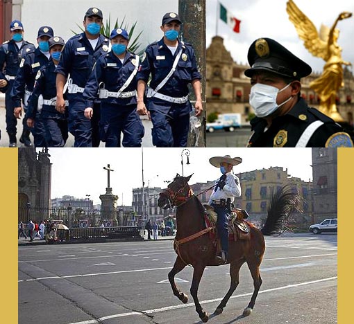 The flu virus spreads quickly between humans. A police officer, wearing a Charro uniform and a surgical mask, rides his horse in Mexico City