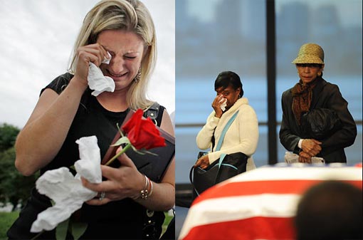 mourners whose hearts are touched by Sen. Ted Kennedy weep while waiting in line to see his casket at the JFK Library