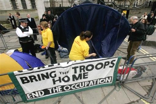 anti-war demonstrators put up tent opposite Downing Street calling for the complete withdrawal of British troops from Iraq