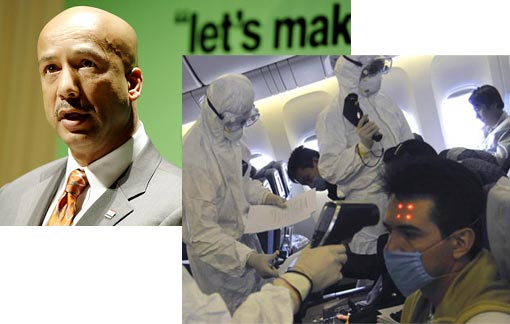 Left: Ray Nagin, the mayor of the U.S. city of New Orleans; Right: Chinese health workers in protective outfits examine passengers onboard an AeroMexico flight AM 98 that landed at Pudong international airport in Shanghai from Mexico Thursday, April 30, 2009