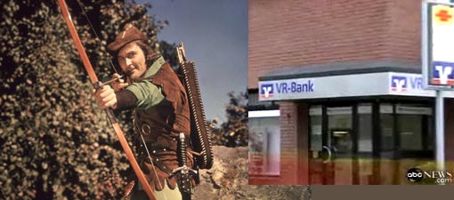 left: Actor Errol Flynn in 1938 film The Adventures of Robin Hood; right: German woman at VR-Bank embezzled $11 million from the rich to give to the needy