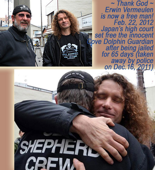 Supporter of Sea Shepherd, Dutch photographer Erwin Vermeulen (right) stands next to Sea Shepherd member Scott West after being found not guilty of assault against a man in dolphin-hunting town Taiji, western Japan on Feb 22, 2012.