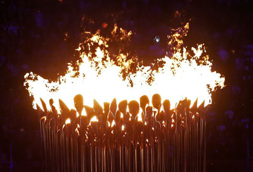 bright flames in Olympic cauldron, London 2012